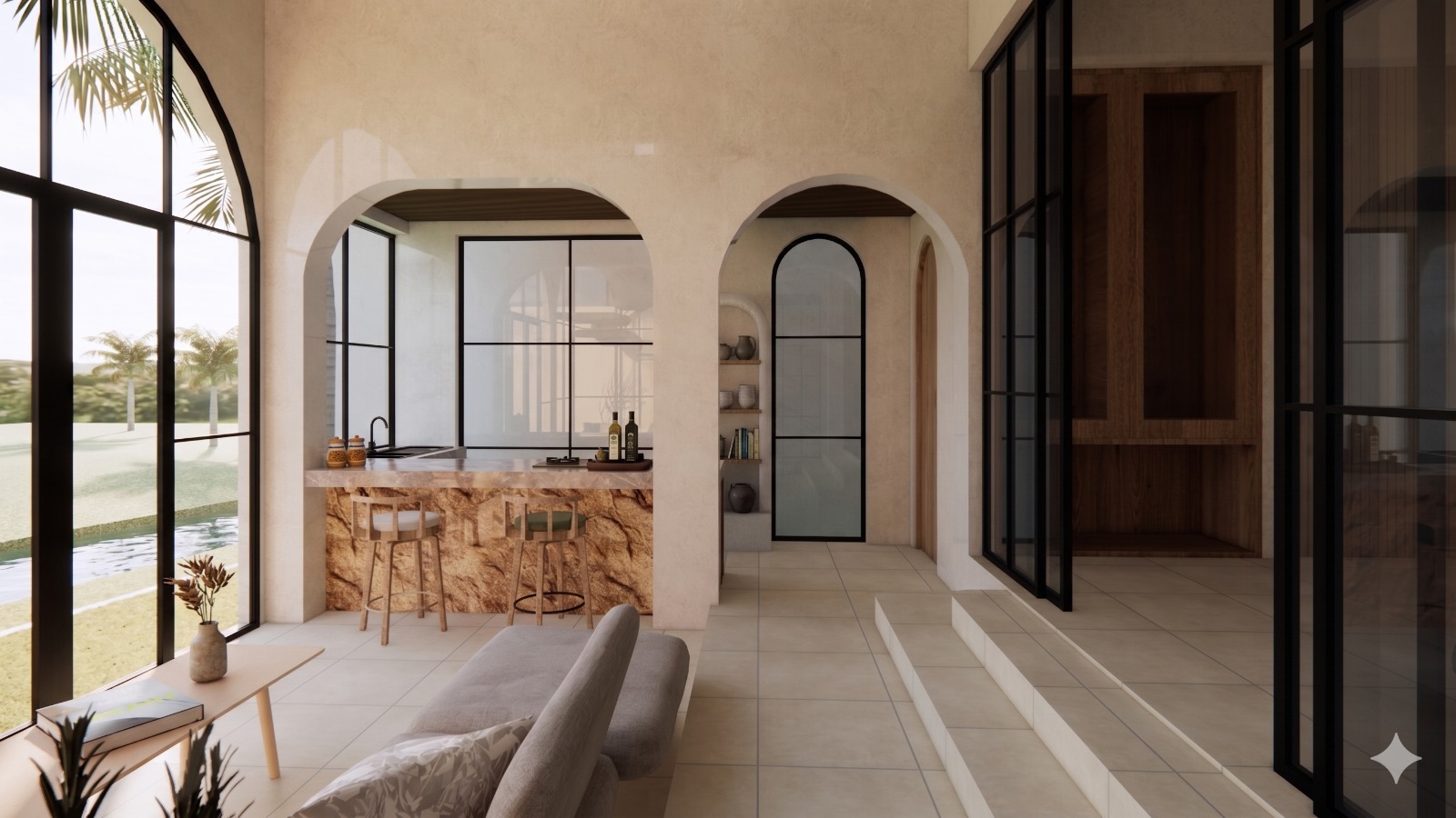 Open-concept kitchen and living area with arched doorways, a stone island, and large glass walls overlooking a palm-filled yard.