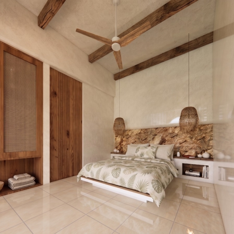 Tropical bedroom with exposed wooden beams, a palm-leaf duvet, stone headboard, and woven pendant lights.