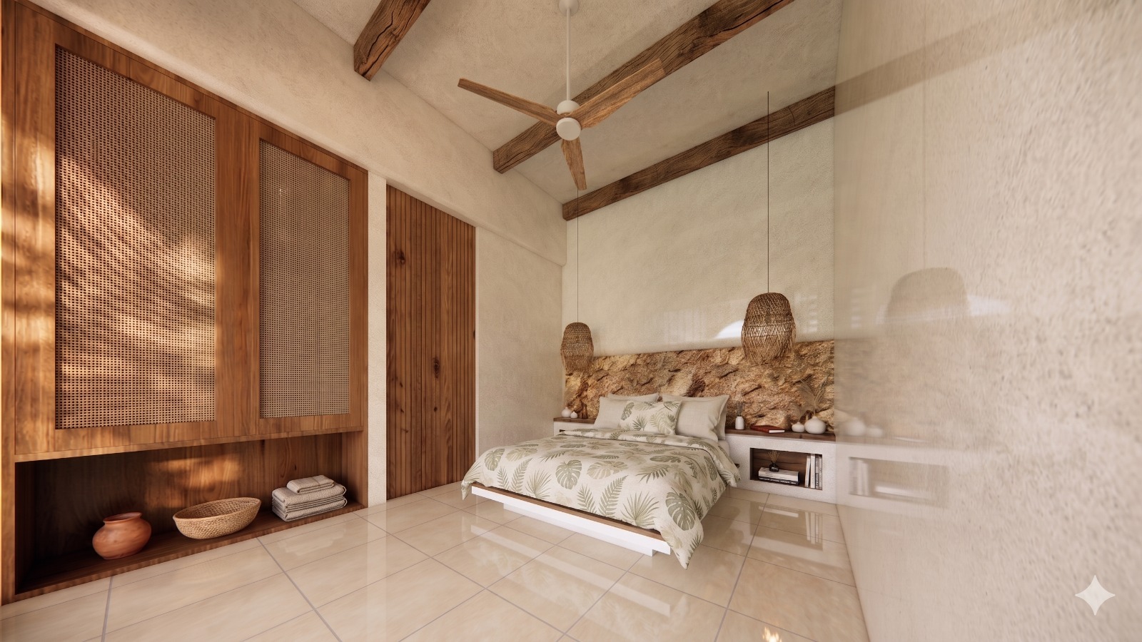 Tropical bedroom with exposed wooden beams, a palm-leaf duvet, stone headboard, and woven pendant lights.
