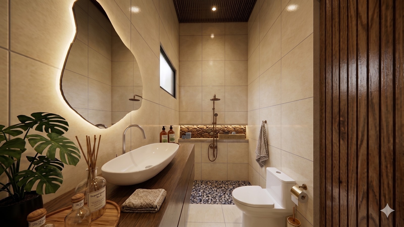 Modern beige-tiled bathroom with a large irregular backlit mirror, white vessel sink on a wooden counter, and a pebble shower floor.