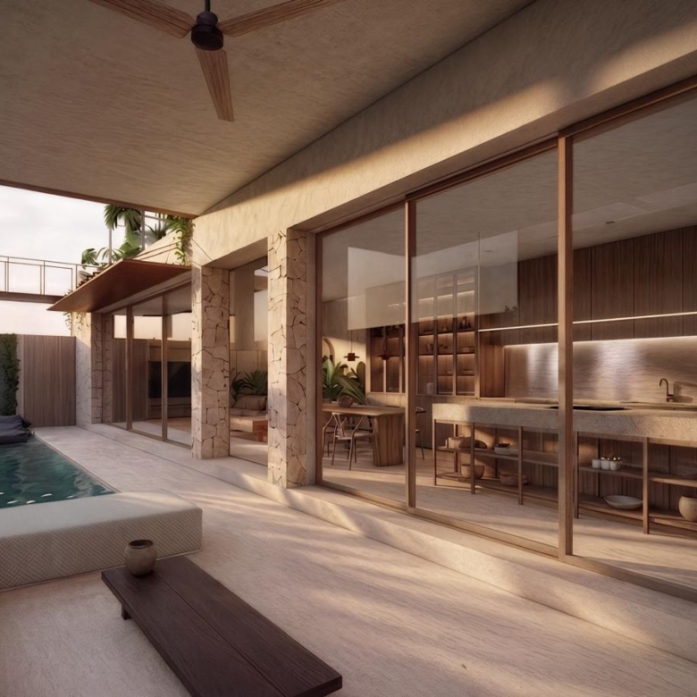 Outdoor living area of a modern home with a rectangular pool, stone columns, and glass-walled kitchen-dining space