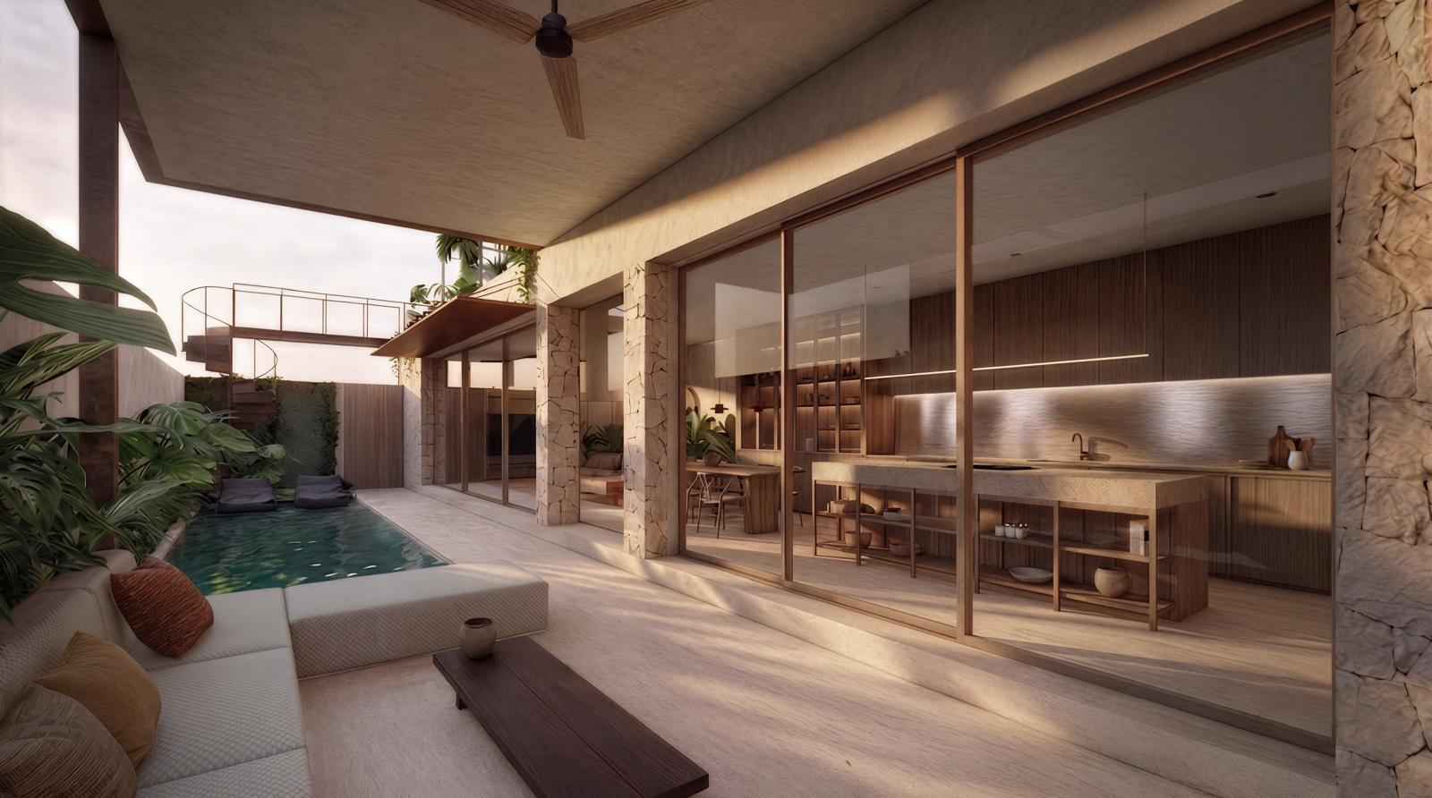 Outdoor living area of a modern home with a rectangular pool, stone columns, and glass-walled kitchen-dining space