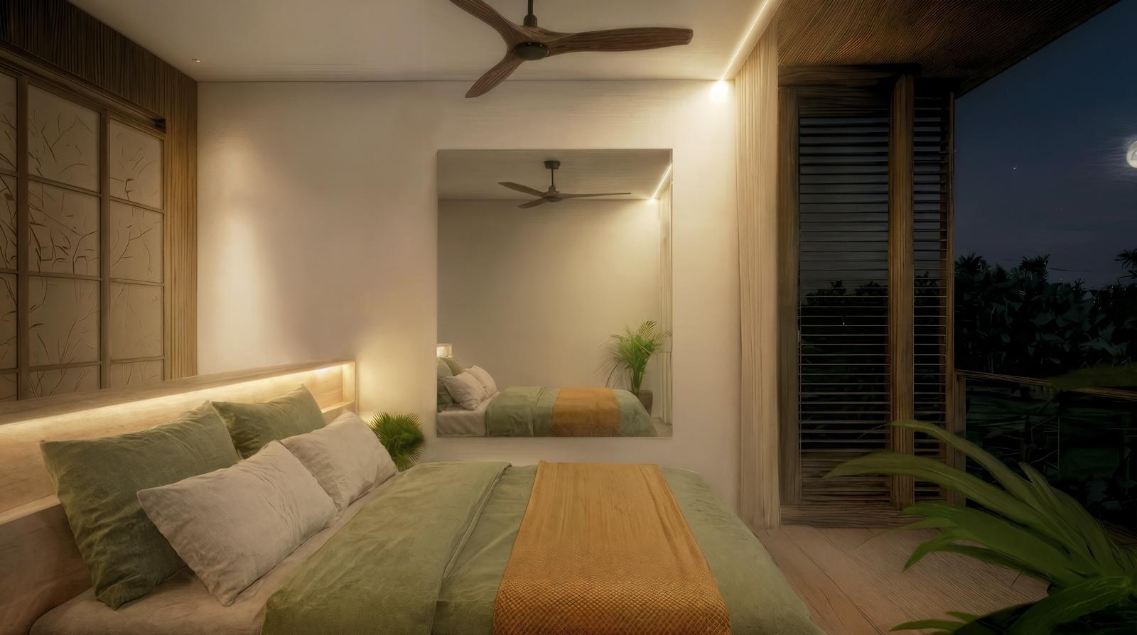 Hotel-style bedroom with a king bed, green and beige bedding, and warm bedside lighting; a large wall mirror reflects the room.