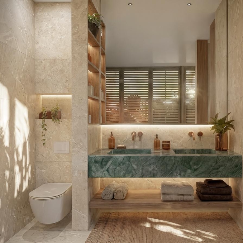 Modern bathroom with green marble vanity, recessed lighting, and wooden shelving; towels and plants visible.