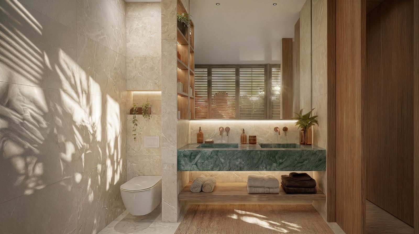 Modern bathroom with green marble vanity, recessed lighting, and wooden shelving; towels and plants visible.
