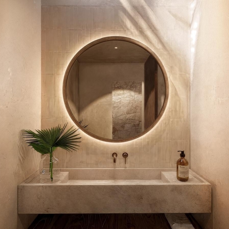 Minimalist bathroom vanity with a circular backlit mirror above a marble sink; a palm leaf in a vase sits to the left and soap on the right.