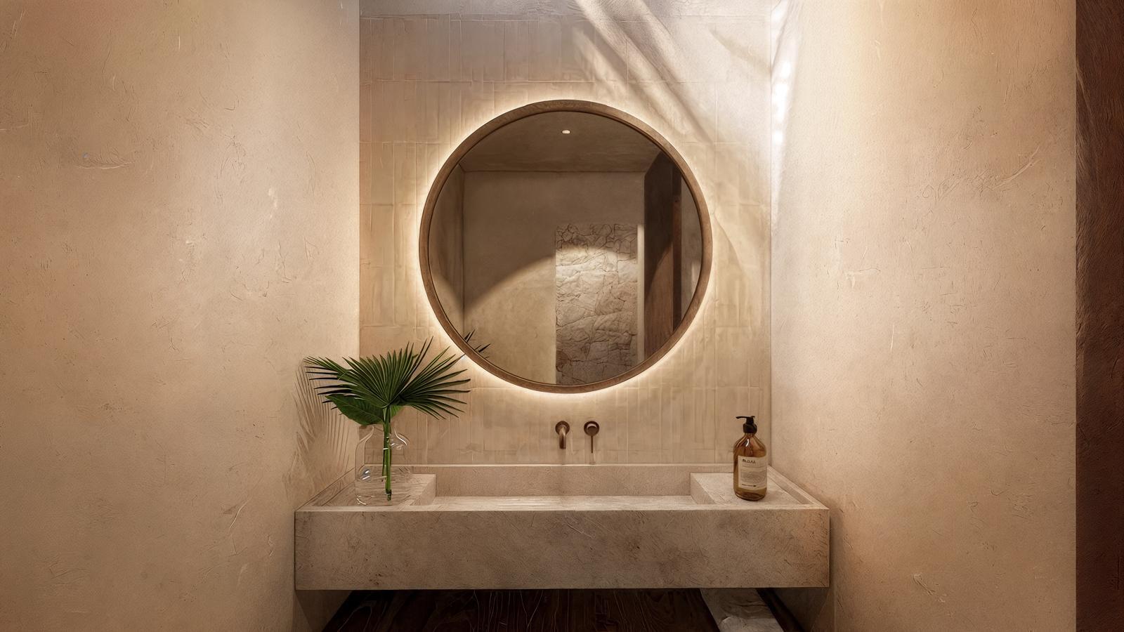 Minimalist bathroom vanity with a circular backlit mirror above a marble sink; a palm leaf in a vase sits to the left and soap on the right.