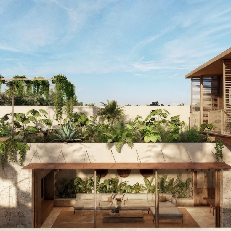 Modern courtyard with lush tropical plants and stone walls, open-air living space under a wooden pergola.