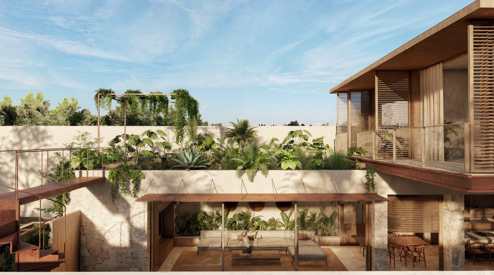 Modern courtyard with lush tropical plants and stone walls, open-air living space under a wooden pergola.