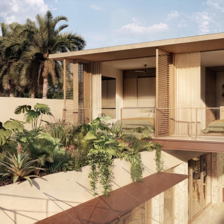 Modern two-story house with a lush tropical garden terrace and an open glass-walled bedroom on the upper level.