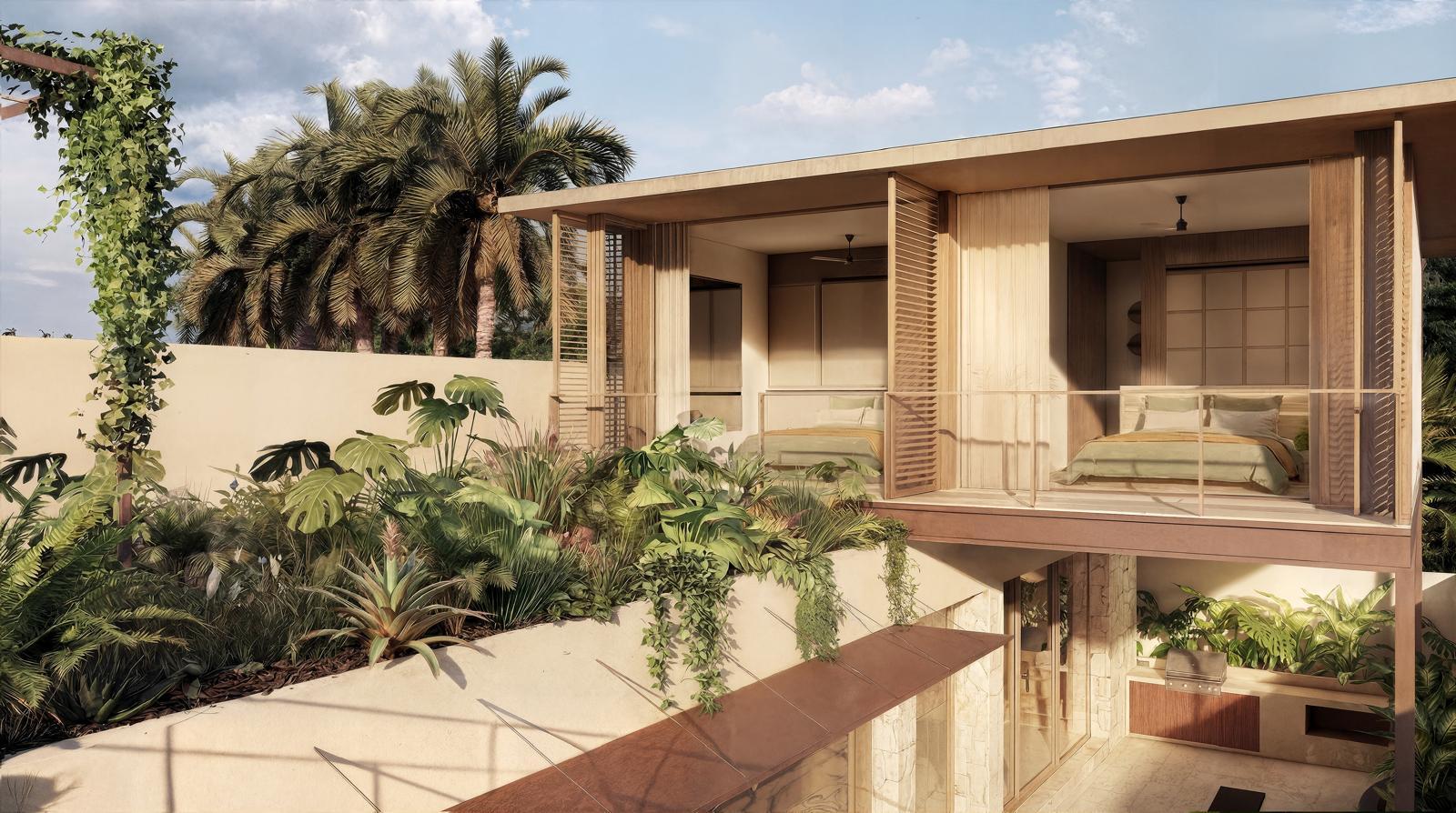 Modern two-story house with a lush tropical garden terrace and an open glass-walled bedroom on the upper level.