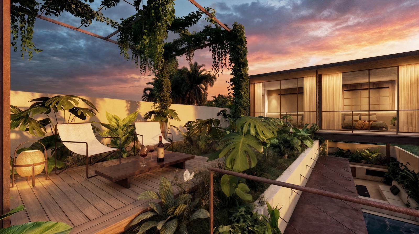 Sunset terrace with two white chairs, a wooden coffee table, wine bottle and glasses, surrounded by tropical plants.