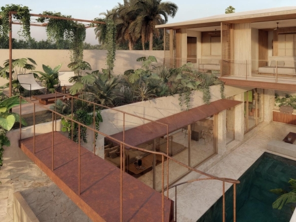 Modern two-story home with a rooftop garden, rust-colored steel walkways, and glass-walled living spaces overlooking a rectangular pool.