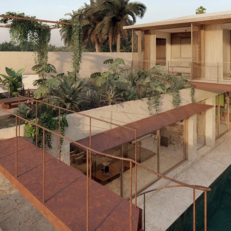 Modern two-story home with a rooftop garden, rust-colored steel walkways, and glass-walled living spaces overlooking a rectangular pool.