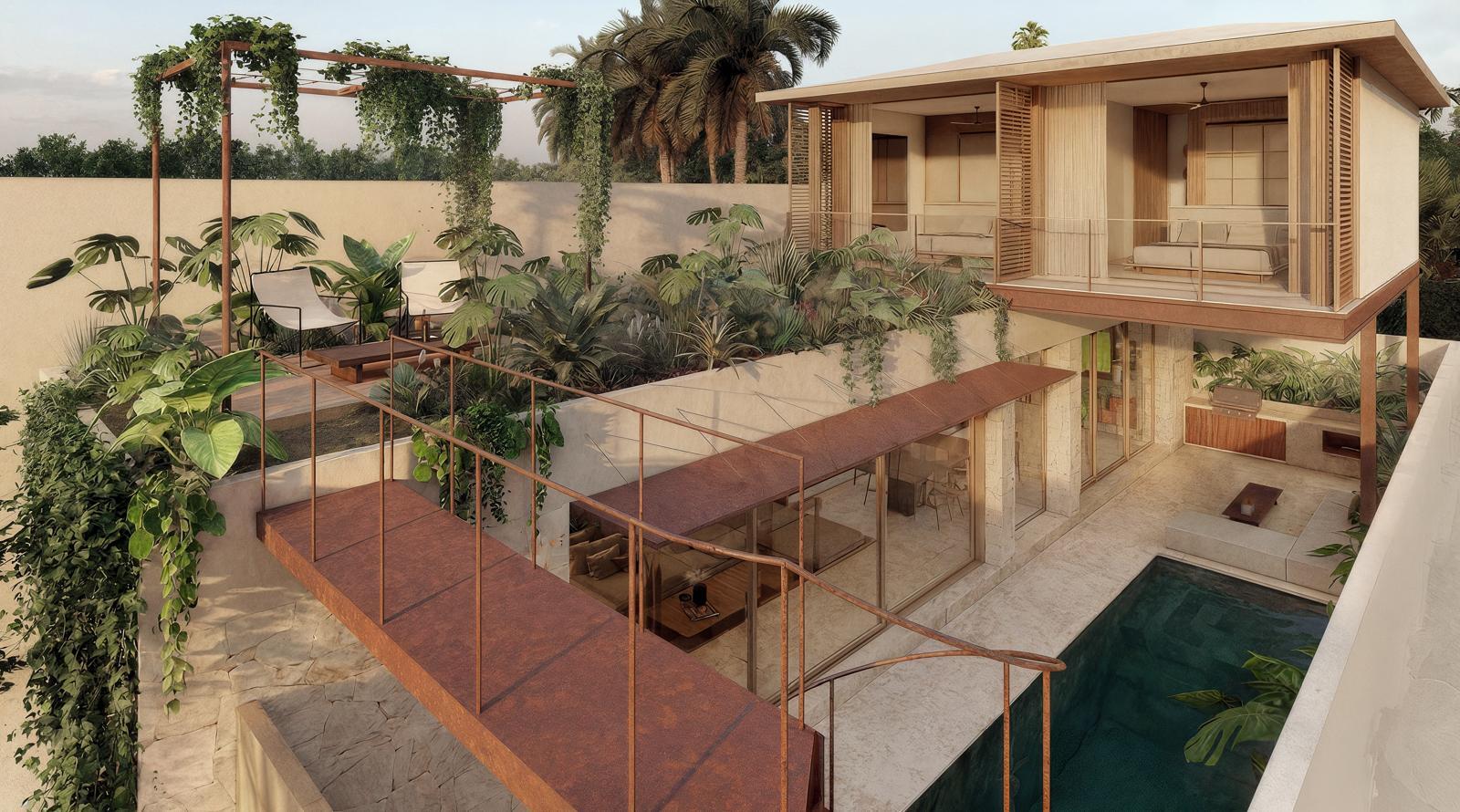 Modern two-story home with a rooftop garden, rust-colored steel walkways, and glass-walled living spaces overlooking a rectangular pool.