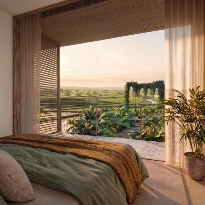 Bedroom with a large glass door opening to terraced green fields at sunset; potted plant in foreground and sheer curtains.