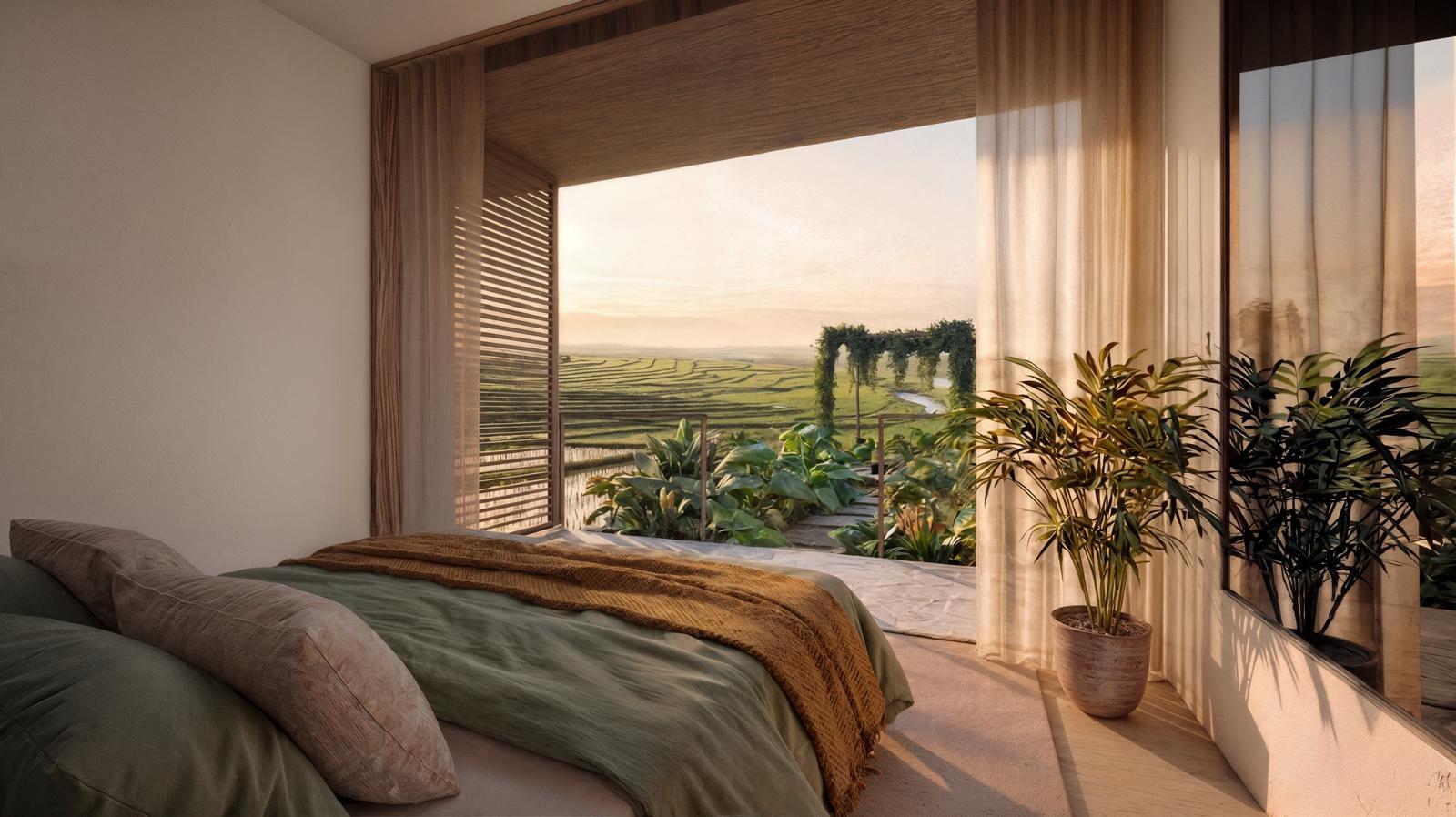 Bedroom with a large glass door opening to terraced green fields at sunset; potted plant in foreground and sheer curtains.