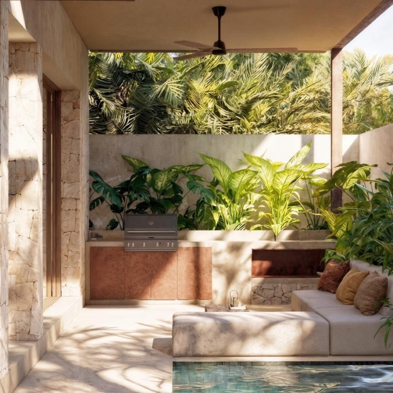 Outdoor living area with a built-in grill, stone walls, and lush tropical plants by a pool.
