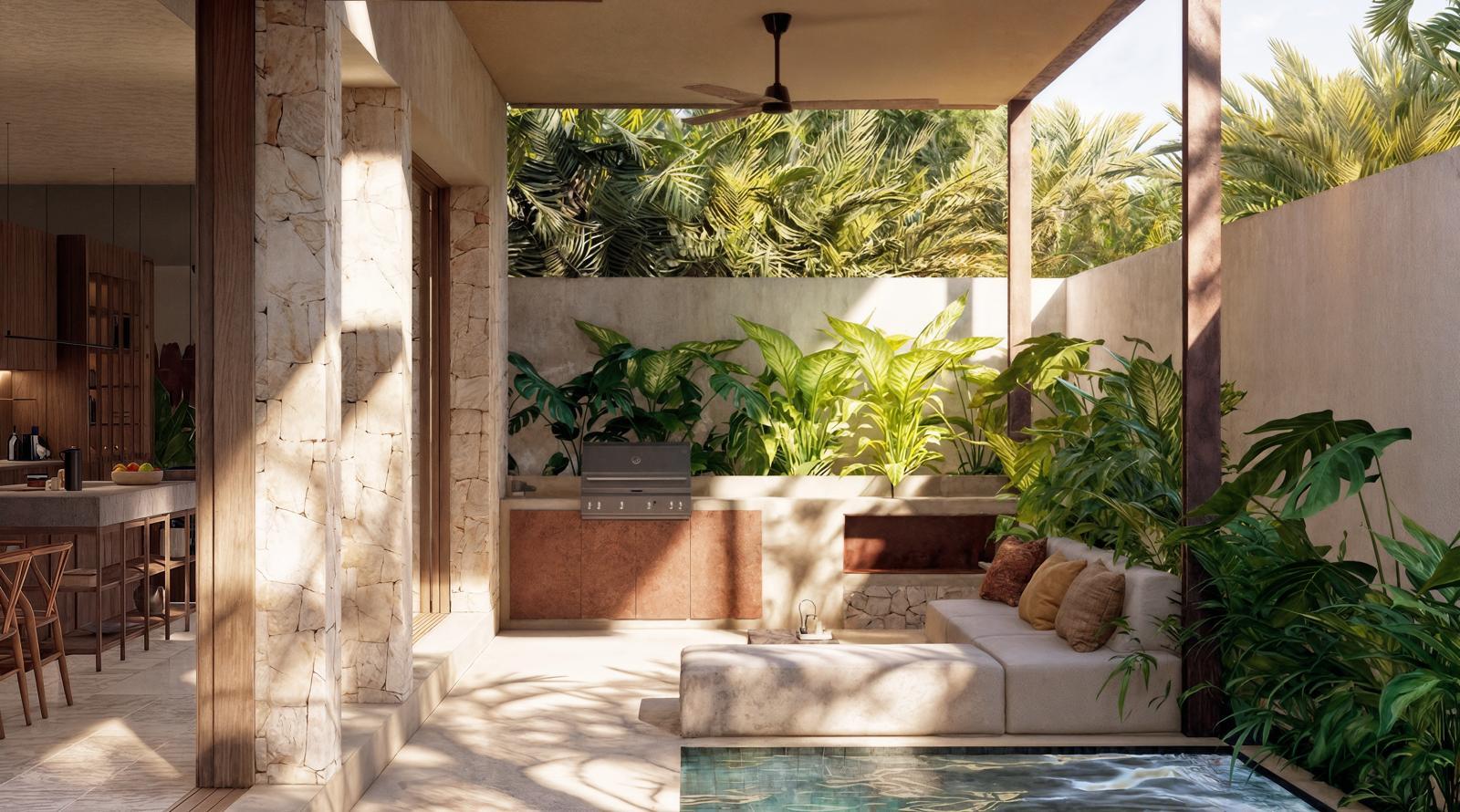 Outdoor living area with a built-in grill, stone walls, and lush tropical plants by a pool.