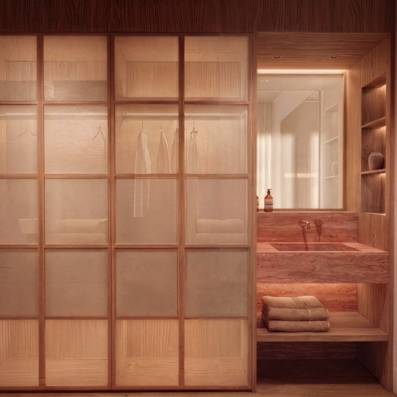 Wood-clad bathroom with frosted-glass partition, matching shelves, and folded towels on a bench.