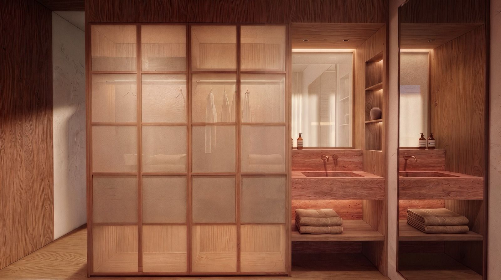 Wood-clad bathroom with frosted-glass partition, matching shelves, and folded towels on a bench.