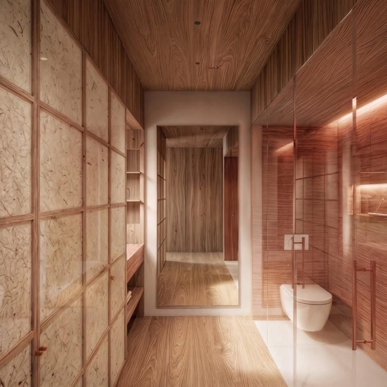 Spa-style wooden bathroom with a glass shower enclosure, mirror, and warm accent lighting.