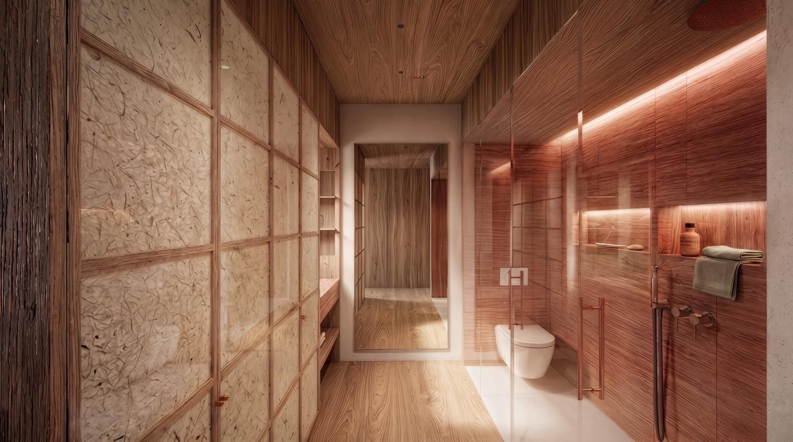Spa-style wooden bathroom with a glass shower enclosure, mirror, and warm accent lighting.