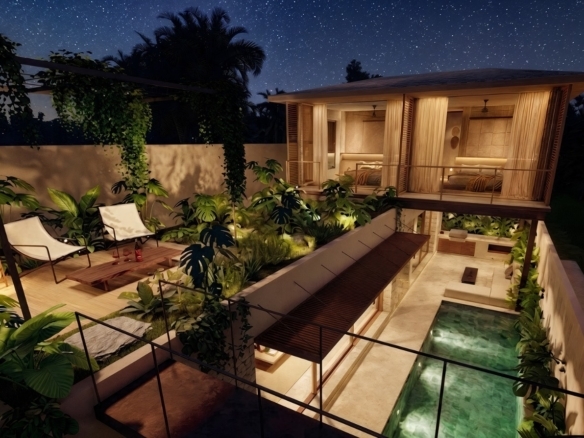 Night view of a modern two-story villa with a pool, lush plants, and a glass-walled bedroom terrace illuminated warmly.
