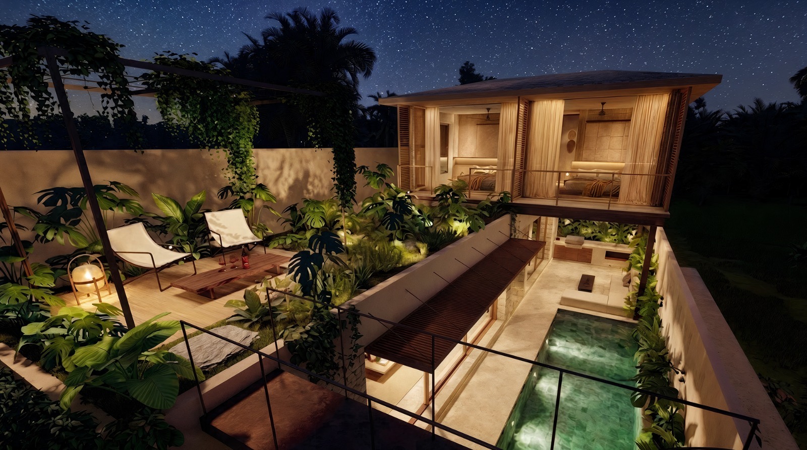 Night view of a modern two-story villa with a pool, lush plants, and a glass-walled bedroom terrace illuminated warmly.