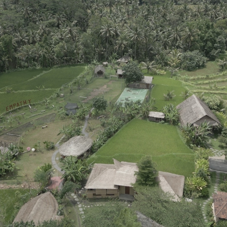 Aerial view of a tropical village with rice fields, palm trees, and thatched huts, plus a small basketball court.