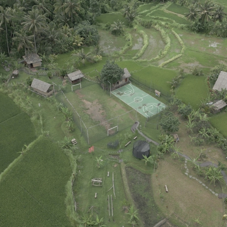 Aerial view of a tropical village with palm trees, huts, and green rice fields surrounding a small basketball court at the center Welcome center area.