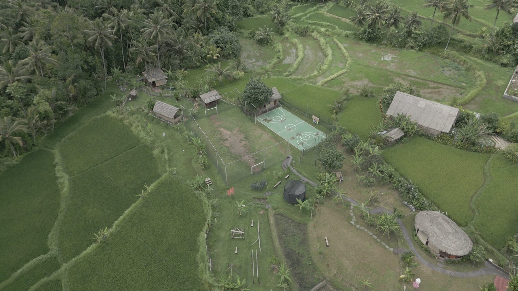 0082_Actual_Drone_Frame_Date_Unverified Aerial view of a tropical village with palm trees, huts, and green rice fields surrounding a small basketball court at the center Welcome center area.