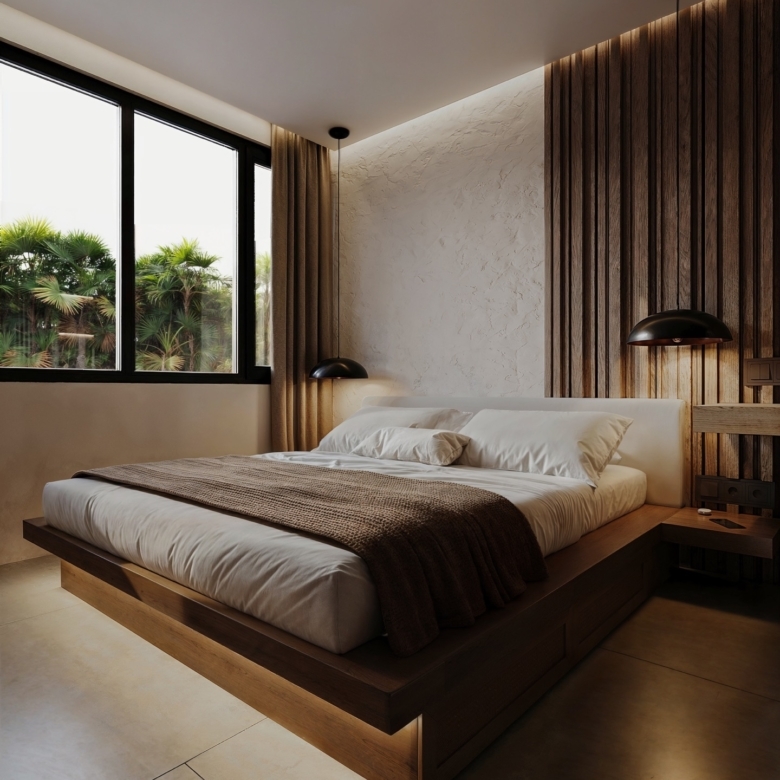 Modern bedroom with low wooden platform bed, white bedding, and a brown throw, adjacent to a large window with palm trees outside.