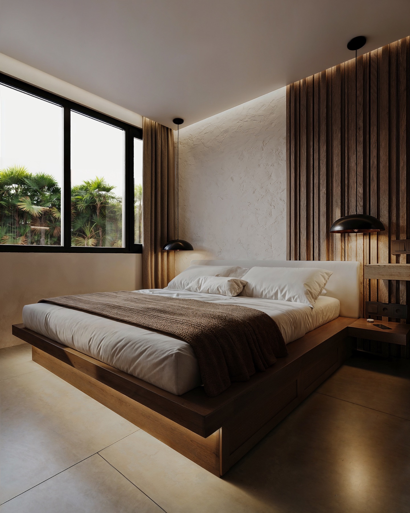 01_Concept_Visualization_Guest_Suite Modern bedroom with low wooden platform bed, white bedding, and a brown throw, adjacent to a large window with palm trees outside.