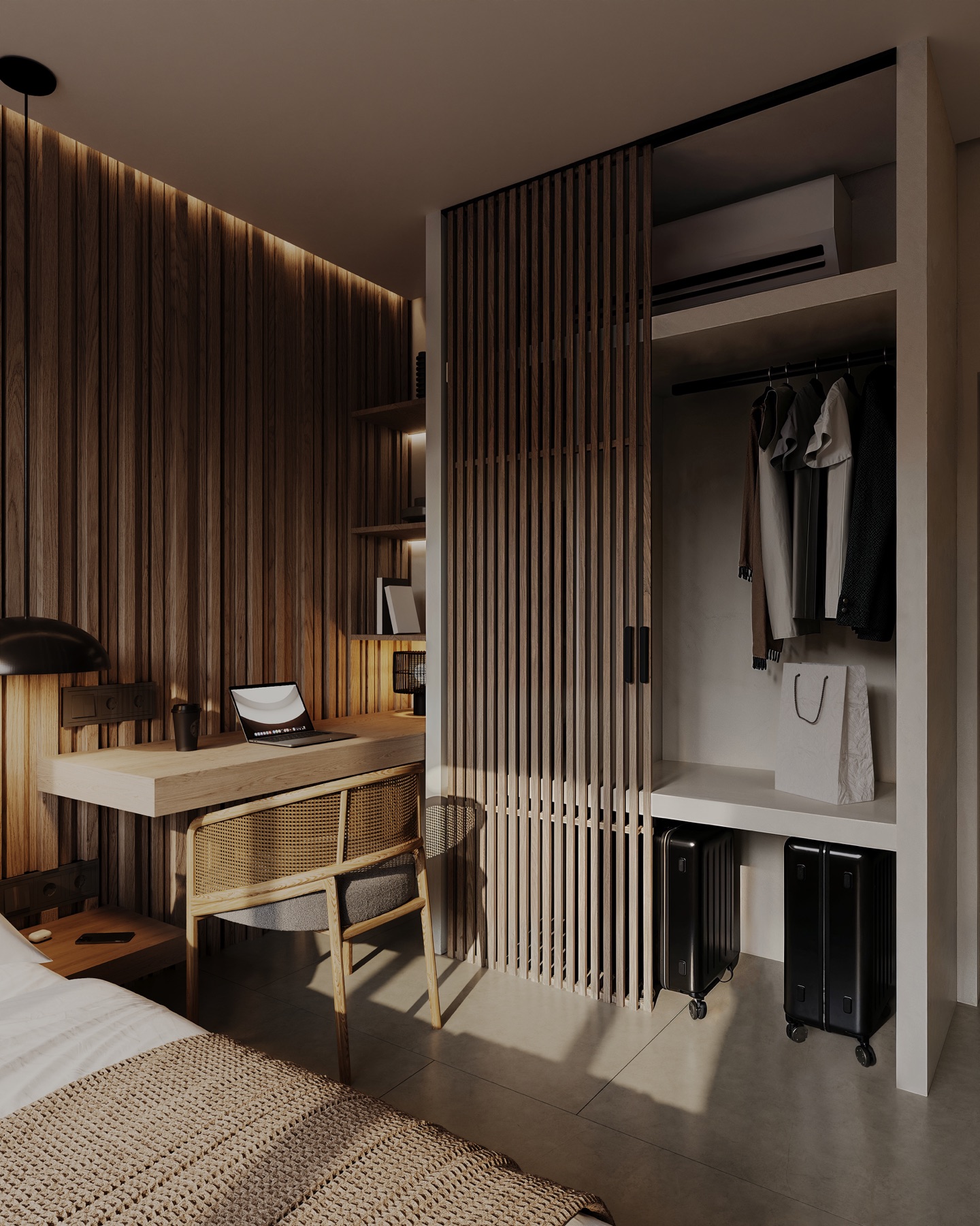 02_Concept_Visualization_Guest_Suite_Workspace Modern bedroom with a wooden slat wall, desk and laptop, and an open wardrobe with hanging clothes and luggage below.
