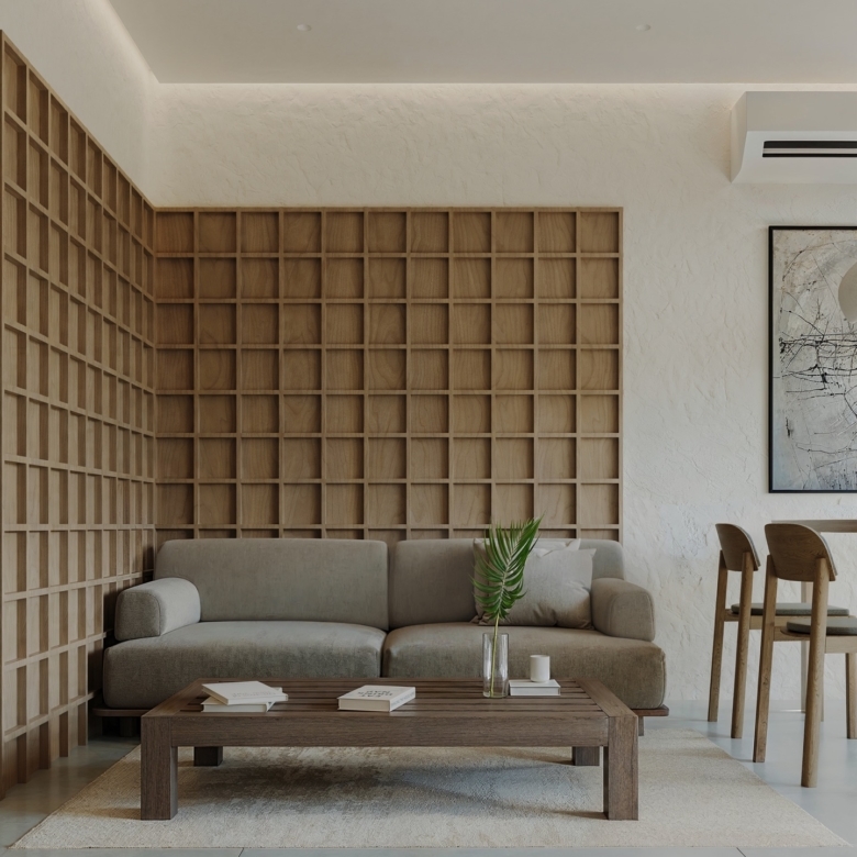 Living room with a large wooden grid wall behind a beige sofa and a low wooden coffee table.
