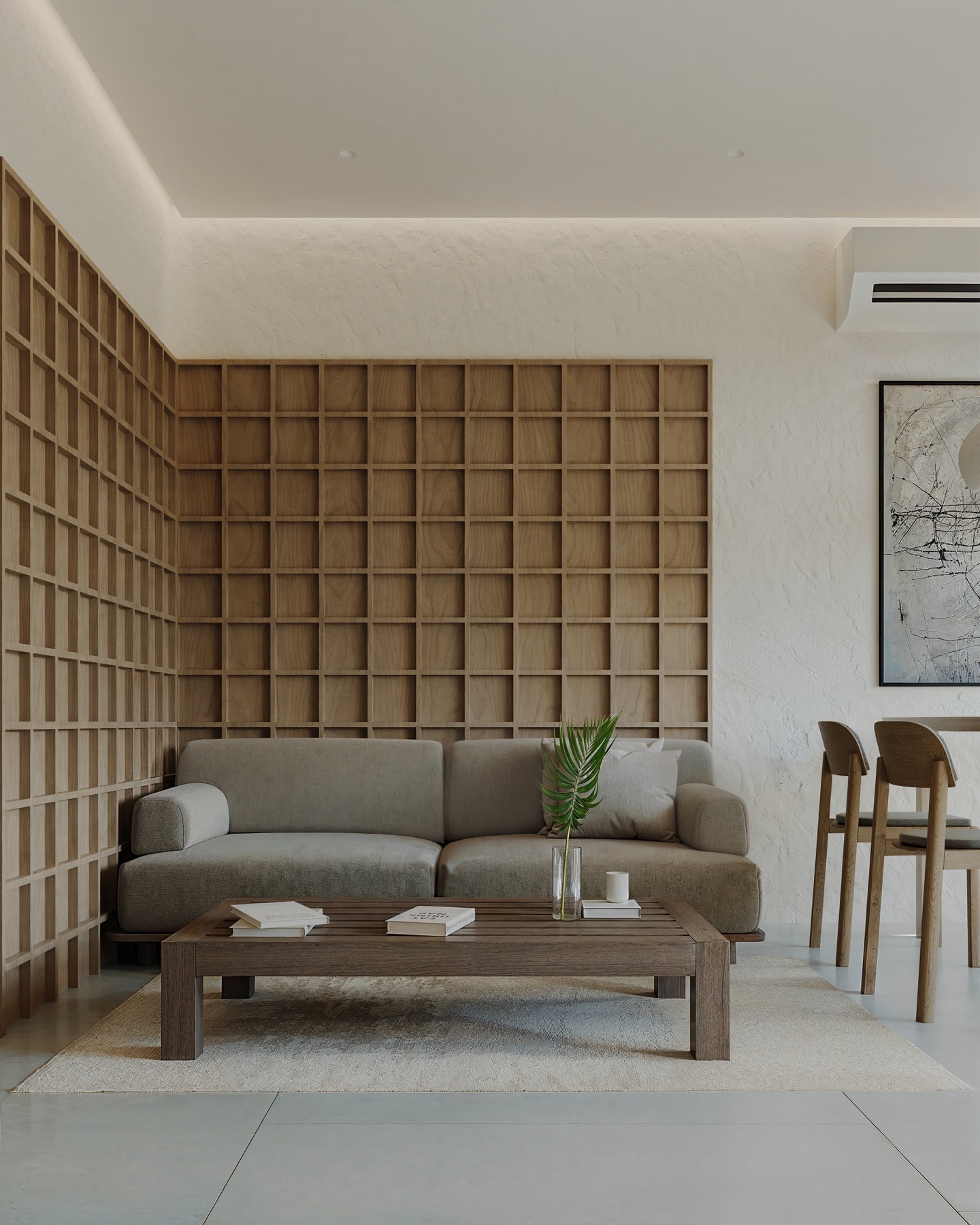 03_Concept_Visualization_Guest_Living_Area Living room with a large wooden grid wall behind a beige sofa and a low wooden coffee table.