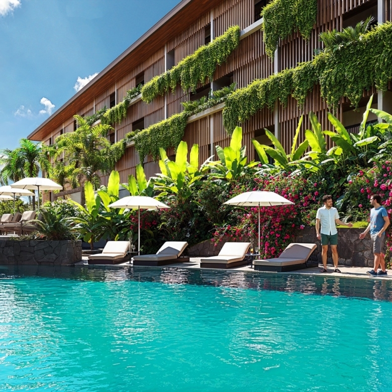 Poolside at a tropical resort with lounge chairs, umbrellas, and lush greenery beside a modern building.