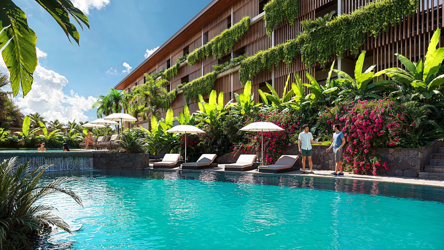 03_Concept_Visualization_Pool Poolside at a tropical resort with lounge chairs, umbrellas, and lush greenery beside a modern building.