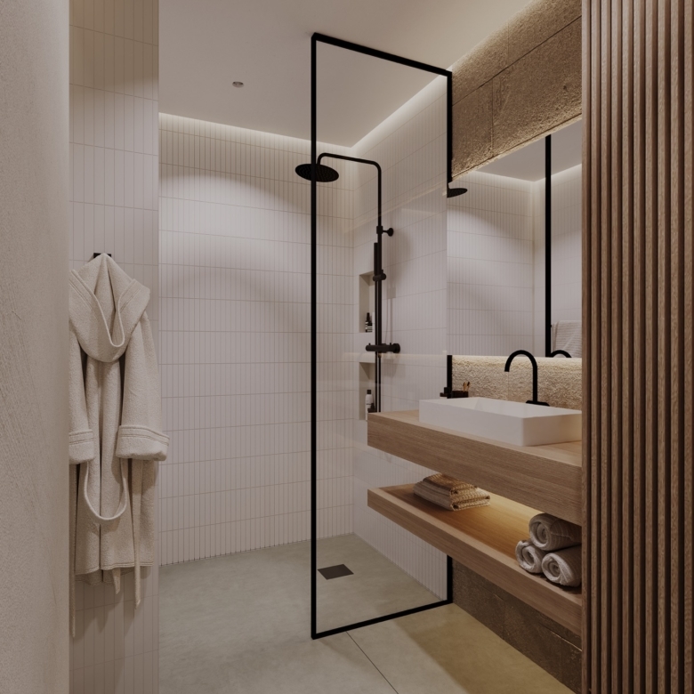 Modern bathroom with glass shower enclosure, black fixtures, white tiled walls, and wooden shelves holding towels for a spa-like feel.
