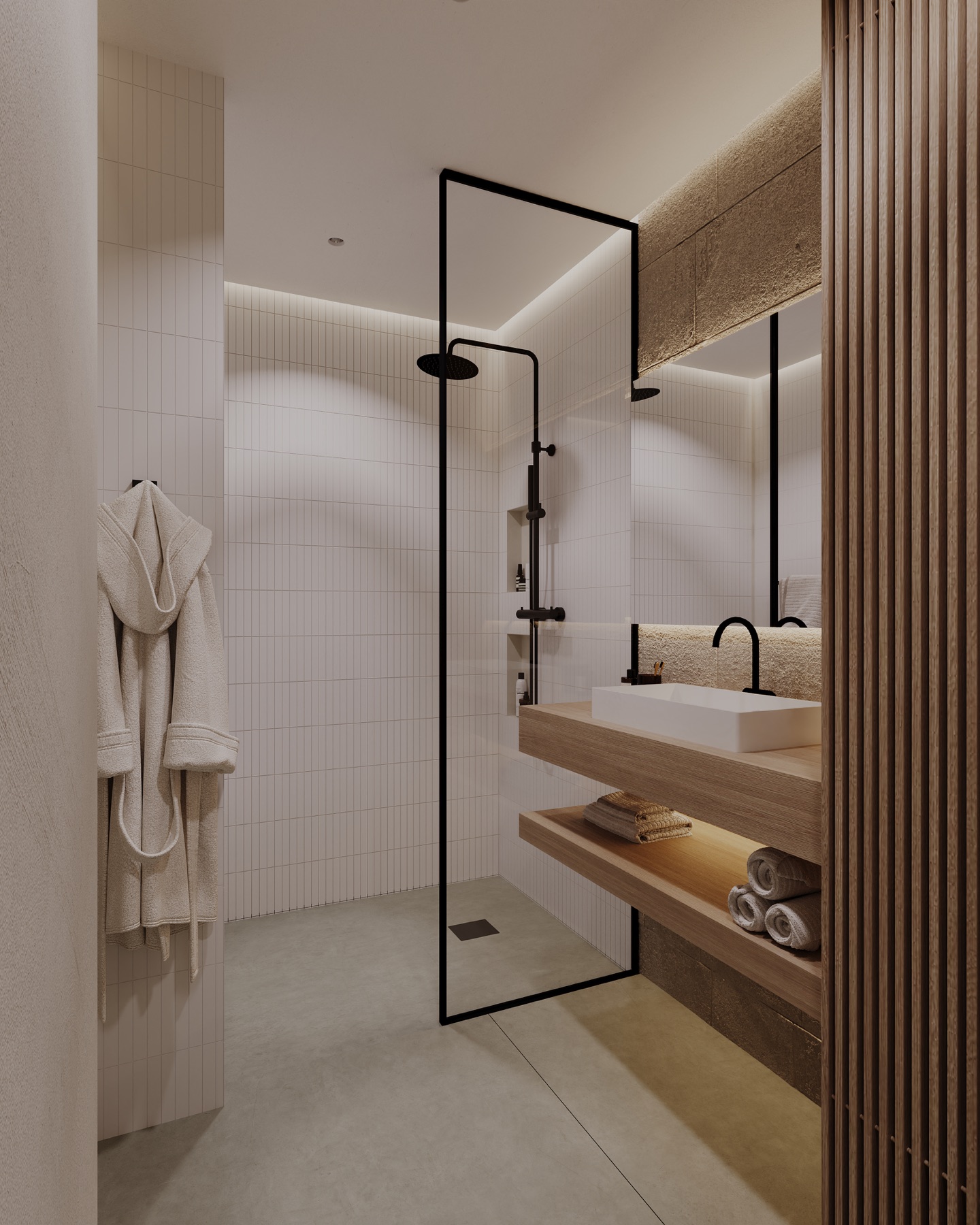 04_Concept_Visualization_Bathroom Modern bathroom with glass shower enclosure, black fixtures, white tiled walls, and wooden shelves holding towels for a spa-like feel.