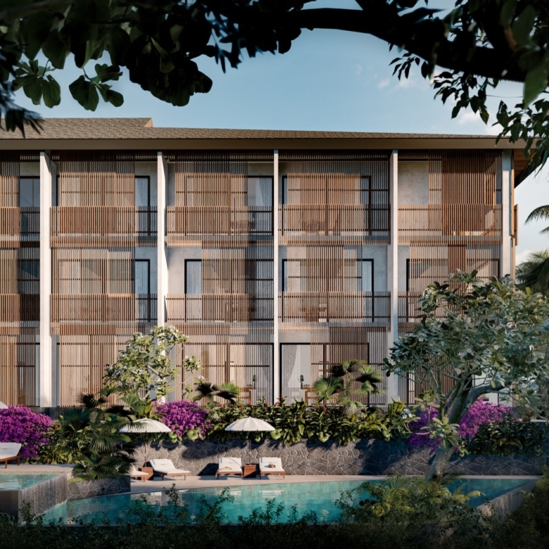 Modern tropical resort building with vertical wooden lattice balconies, palm trees, and a pool in the foreground.