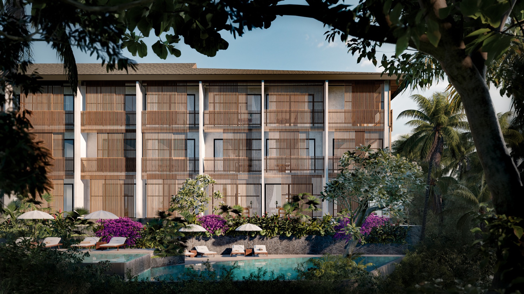 05_Concept_Visualization_Facade Modern tropical resort building with vertical wooden lattice balconies, palm trees, and a pool in the foreground.