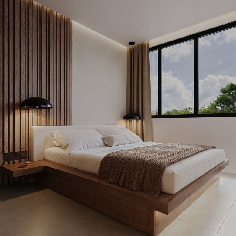Modern minimalist bedroom with a wooden slat accent wall, low platform bed, and black dome pendant lamps; large window with beige curtains.