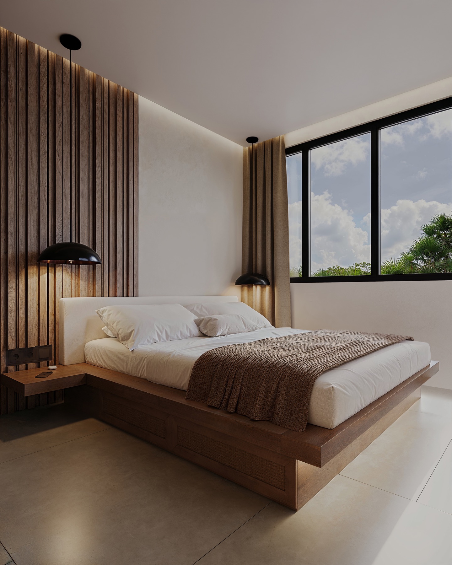 05_Concept_Visualization_Sunrise_Room Modern minimalist bedroom with a wooden slat accent wall, low platform bed, and black dome pendant lamps; large window with beige curtains.