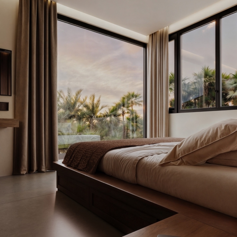 Modern hotel bedroom with large glass walls showing palm trees outside at sunset; neutral bed linens and brown throw blanket.