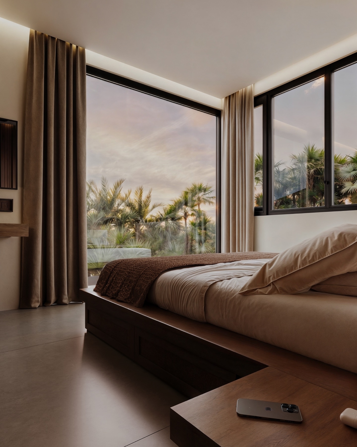 06_Concept_Visualization_Sunset_Room Modern hotel bedroom with large glass walls showing palm trees outside at sunset; neutral bed linens and brown throw blanket.