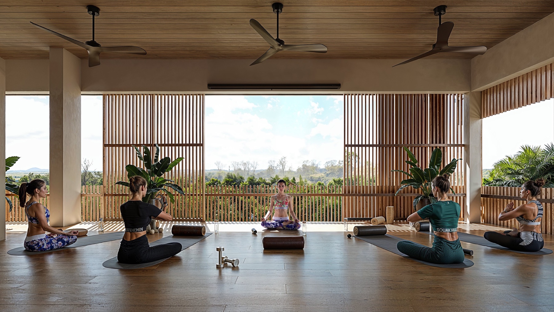 07_Concept_Visualization_Rooftop_Yoga Yoga class in an open, sunlit studio with wooden slats; participants sit on mats in lotus pose around a central instructor in a colorful outfit, plants nearby.