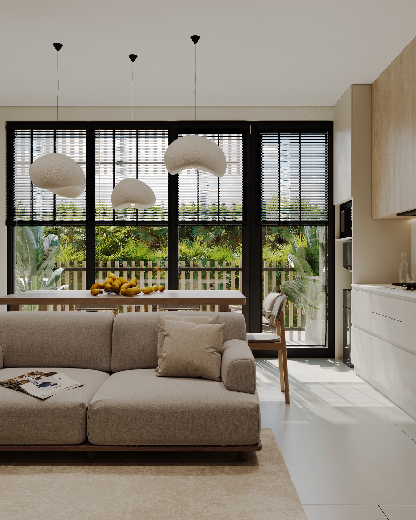 07_Concept_Visualization_Two_Bedroom_Living Bright open-plan living room with a beige sofa, coffee table and lemons on a wooden table; large black-framed windows with blinds reveal a garden outside.