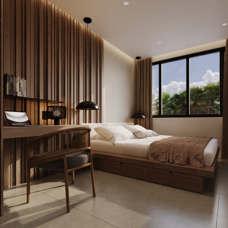 Modern bedroom with a wood slat accent wall, desk with laptop, and a large window showing greenery outside.